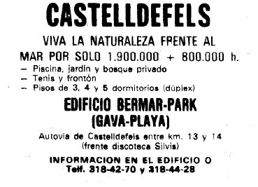 Anuncio del edificio BERMAR PARK de Gav� Mar publicado en el diario LA VANGUARDIA el 21 de enero de 1977